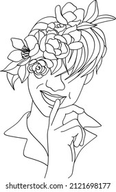 Man face with flowers . Abstract face with flowers by one line drawing. Portrait minimalistic style. Botanical print. Nature symbol of cosmetics. Muscular Man