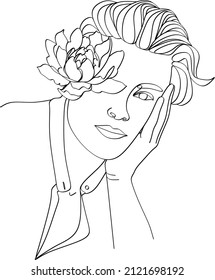 Man face with flowers . Abstract face with flowers by one line drawing. Portrait minimalistic style. Botanical print. Nature symbol of cosmetics. Muscular Man