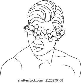 Cara de hombre con flores. Resumen de la cara con flores en un dibujo de una línea. Retrato de estilo minimalista. Huella botánica. Símbolo natural de los cosméticos. Hombre muscular