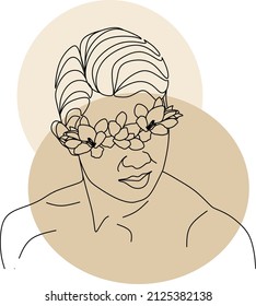Man face with flowers . Abstract face with flowers by one line drawing. Portrait minimalistic style. Botanical print. Nature symbol of cosmetics. Muscular Man