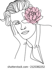 Man face with flowers . Abstract face with flowers by one line drawing. Portrait minimalistic style. Botanical print. Nature symbol of cosmetics. Muscular Man