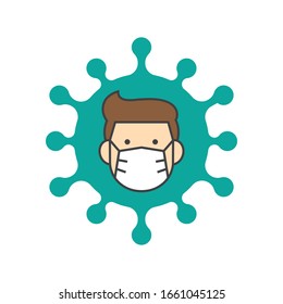 Man Face With Flu Mask Icon Symbol, Concept For Flu Sickness And Wearing Medical Mask To Prevent The Spread Of Virus Germs, Isolated On White Background, Vector Illustration