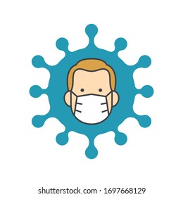 Man face with flu mask icon symbol, Concept for flu sickness and wearing medical mask to prevent the spread of virus germs, Isolated on white background, Vector illustration