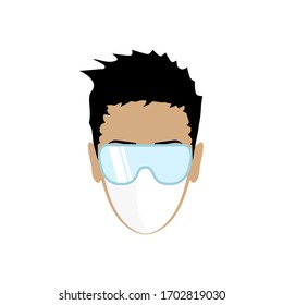 Man face with flu mask and protective glasses. Vector illustration