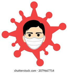 Man face with flu mask symbol, flu illness concept and wearing medical masks.