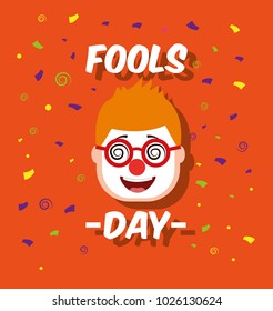 man face with funny clown mask glasses fools day