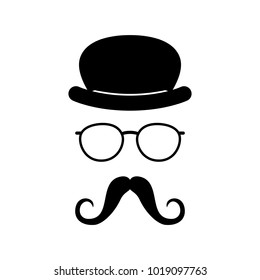Man face with glasses, mustache and hat. Photo props. Gentleman. Detective. Vector illustration