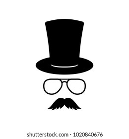 Man face with glasses, mustache and hat. Photo props. Gentleman. Detective. Vector illustration