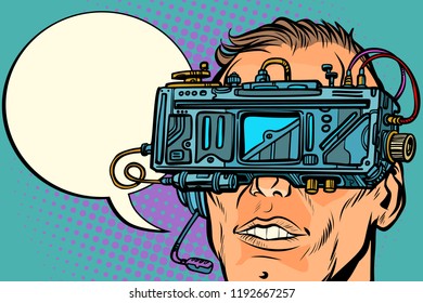 man face with glasses virtual reality. Pop art retro vector illustration vintage kitsch