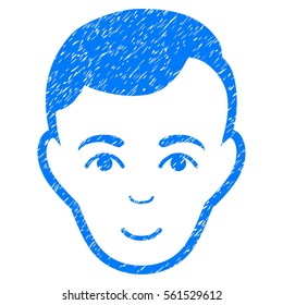 Man Face grainy textured icon for overlay watermark stamps. Flat symbol with dust texture. Dotted vector blue ink rubber seal stamp with grunge design on a white background.