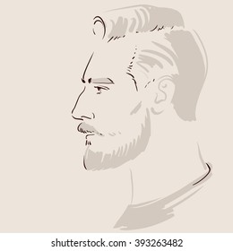 Man face hand drawn. Line art portrait of a young handsome man. Vector illustration eps 10