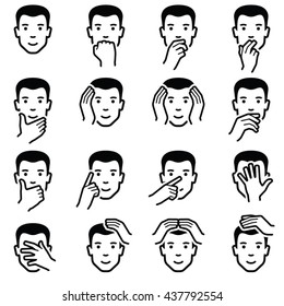 Man face with hand emoticons icon collection - vector outline illustration 