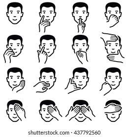 Man face with hand emoticons icon collection - vector outline illustration 
