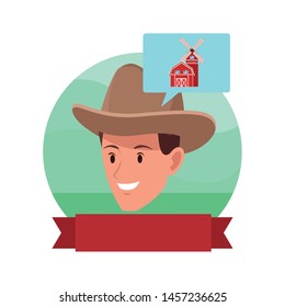 man face with hat thinking on a farm with ribbon banner avatar cartoon character vector illustration graphic design