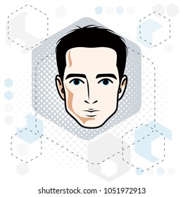 Man face, human head. Vector character, handsome brunet male with stylish haircut.