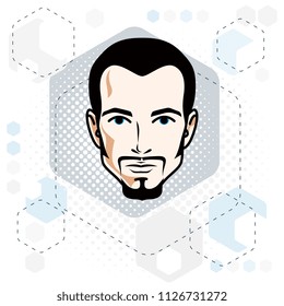 Man face, human head. Vector character wearing whiskers and beard, handsome brunet male.