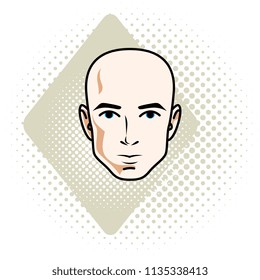 Man face, human head. Vector character, handsome bald male.