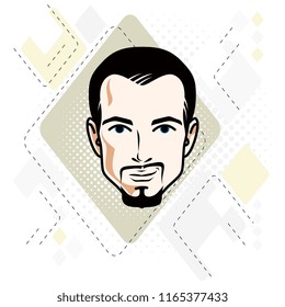 Man face, human head. Vector character wearing whiskers and beard, handsome brunet male.