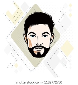 Man face, human head. Vector character wearing whiskers and beard, handsome brunet male.