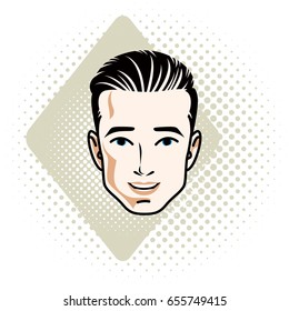 Man face, human head. Vector character, handsome brunet male with stylish haircut.