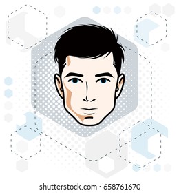 Man face, human head. Vector character, handsome brunet male with stylish haircut.