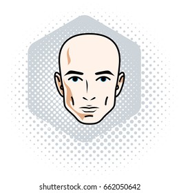 Man face, human head. Vector character, handsome bald male.