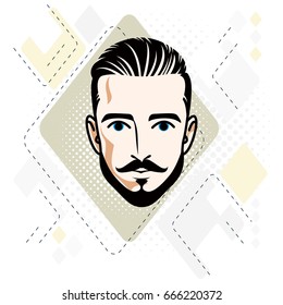 Man face, human head. Vector character wearing whiskers and beard, handsome brunet male.