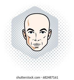 Man face, human head. Vector character, handsome bald male.
