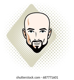Man face, human head. Vector character wearing whiskers and beard, handsome bald male.