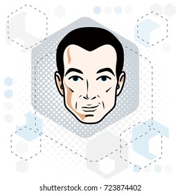 Man face, human head. Vector character, handsome brunet male with stylish haircut.
