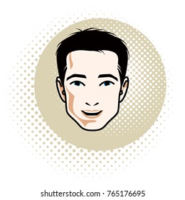 Man face, human head. Vector character, handsome brunet male with stylish haircut.
