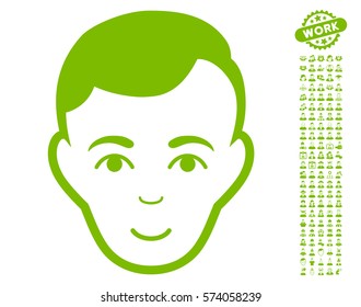 Man Face icon with bonus avatar design elements. Vector illustration style is flat iconic eco green symbols on white background.