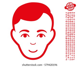 Man Face icon with bonus people symbols. Vector illustration style is flat iconic red symbols on white background.