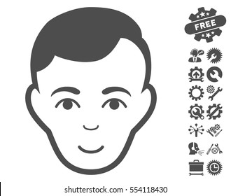 Man Face icon with bonus tools pictograph collection. Vector illustration style is flat iconic gray symbols on white background.