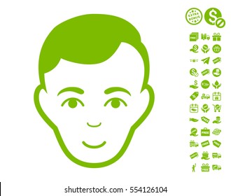 Man Face icon with free bonus icon set. Vector illustration style is flat iconic symbols, eco green color, white background.