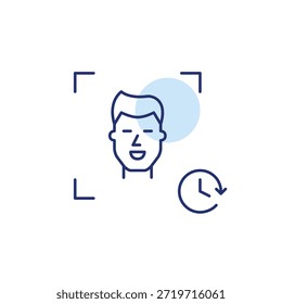 Man face id and clock. Timed access, secure user approval. Pixel perfect, editable stroke vector icon