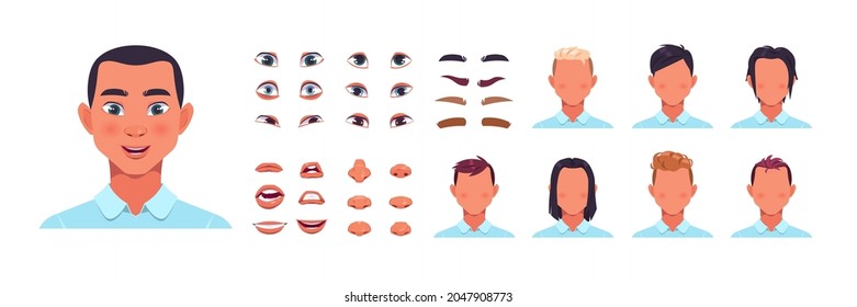 Man face kit. Male avatar constructor kit with hair, nose and lips. Facial shapes and hairstyle templates. Eyes with eyebrows creation. Vector cartoon portrait editable elements set