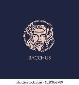 Man face logo with grape berries and leaves. Bacchus or Dionysus. A style for winemakers or brewers.