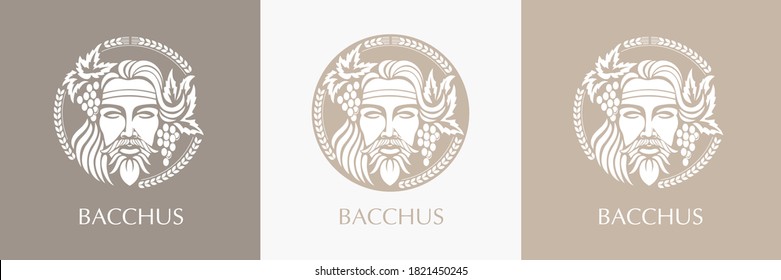 Logo del hombre con bayas de uva y hojas. Bacchus o Dionisio. Un estilo para viticultores o cerveceros.