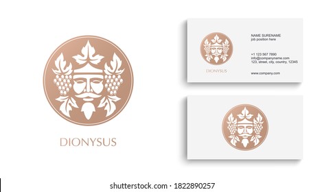 Man face logo with grape berries and leaves. Bacchus or Dionysus. Antique style for winemakers or wines. Vector illustration