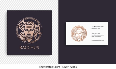 Man face logo with grape berries and leaves. Bacchus or Dionysus. A style for winemakers or brewers.