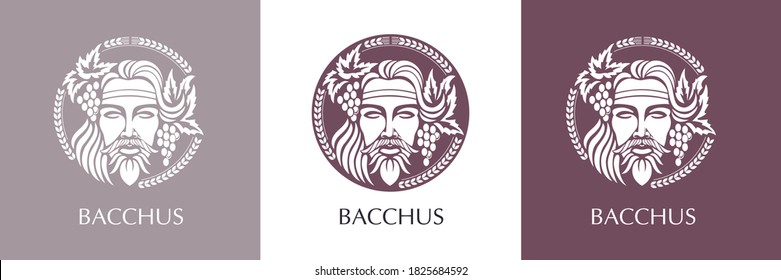 Logo del hombre con bayas de uva y hojas. Bacchus o Dionisio. Un estilo para viticultores o cerveceros.