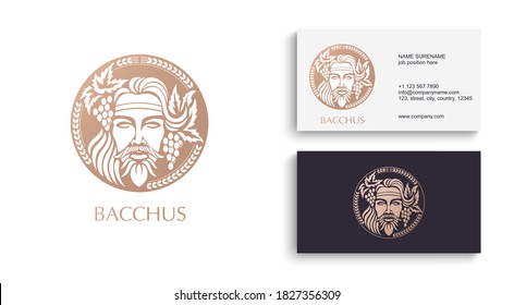 Man face logo with grape berries and leaves. Bacchus or Dionysus. A style for winemakers or brewers.