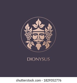 Man face logo with grape berries and leaves. Bacchus or Dionysus. Antique style for winemakers or wines. Vector illustration
