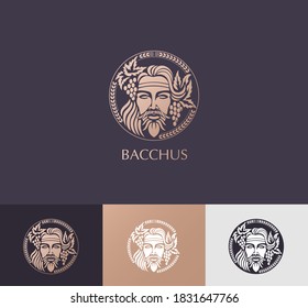 Logo del hombre con bayas de uva y hojas. Bacchus o Dionisio. Un estilo para viticultores o cerveceros.