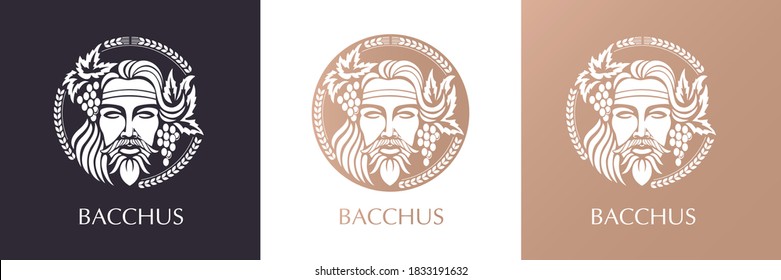 Man face logo with grape berries and leaves. Bacchus or Dionysus. A style for winemakers or brewers.