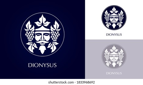 Man Face Logo With Grape Berries And Leaves. Bacchus Or Dionysus. Antique Style For Winemakers Or Wines. Vector Illustration