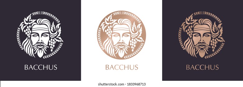 Man face logo with grape berries and leaves. Bacchus or Dionysus. A style for winemakers or brewers.