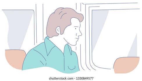 Man face. The man looks out the window. Trip
