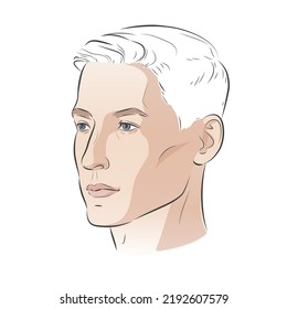 Man face. Male portrait of young beautiful boy with trendy hairdo. Three-quarter view. Sketch vector line illustration.